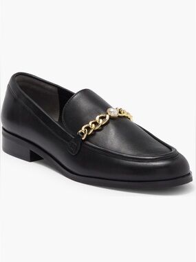NEW Stuart Weitzman Owen Pearl Chain blk leather loafers 7B